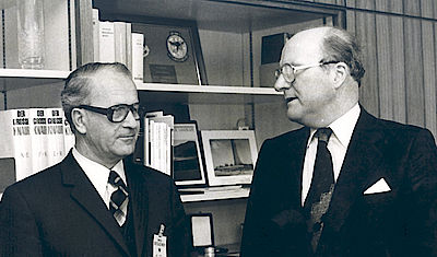 Der Bundesvorsitzende, Heinz Volland, im Gespräch mit Staatssekretär Hiehel am 21. April 1980.
